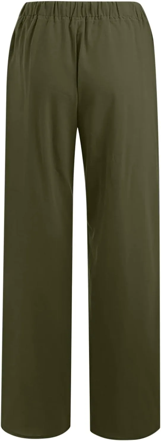 Women's Cotton Linen Pants Summer Elastic Waist Palazzo Pants with Drawstring Flowy Wide Leg Beach Trousers with Pockets