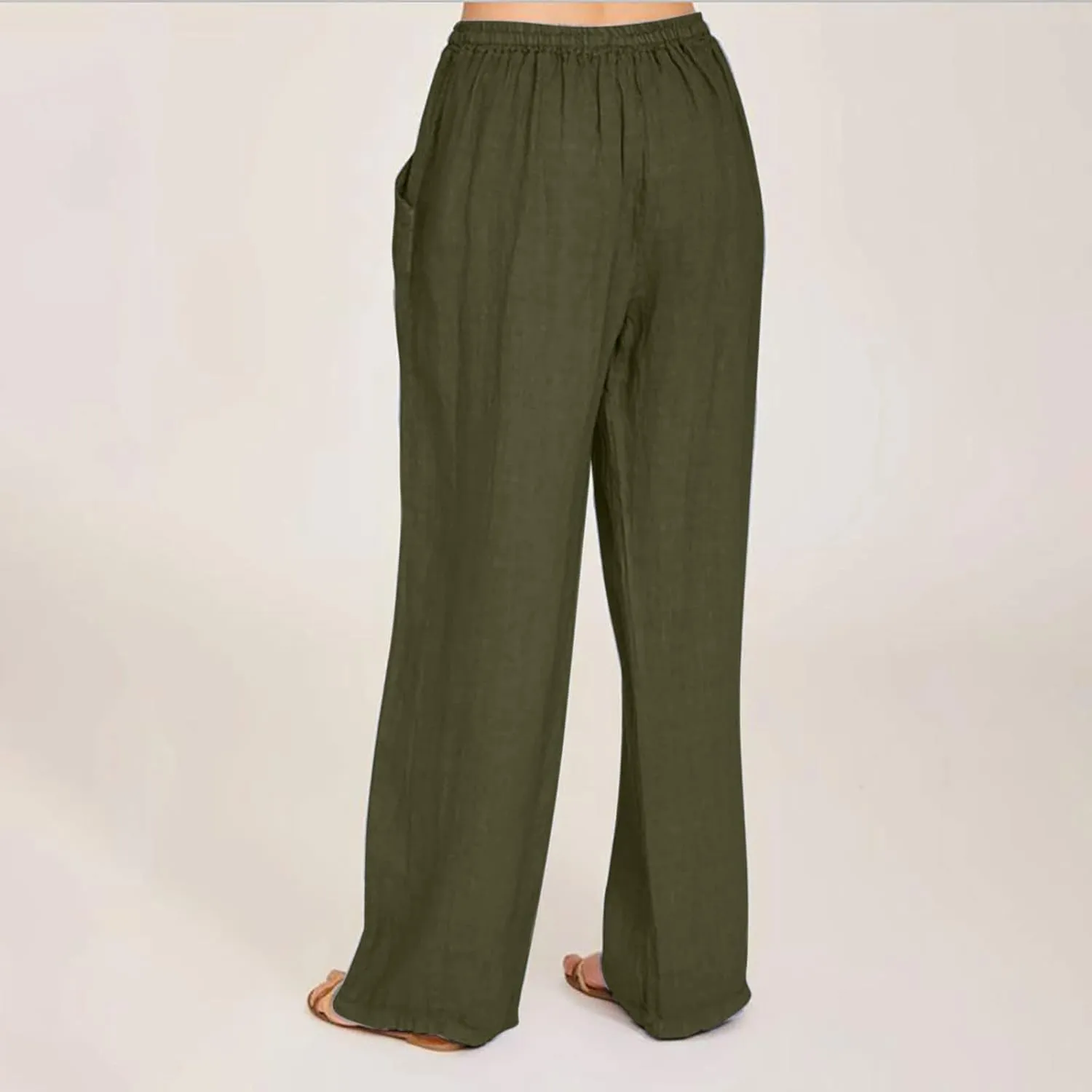 Women's Cotton Linen Pants Summer Elastic Waist Palazzo Pants with Drawstring Flowy Wide Leg Beach Trousers with Pockets
