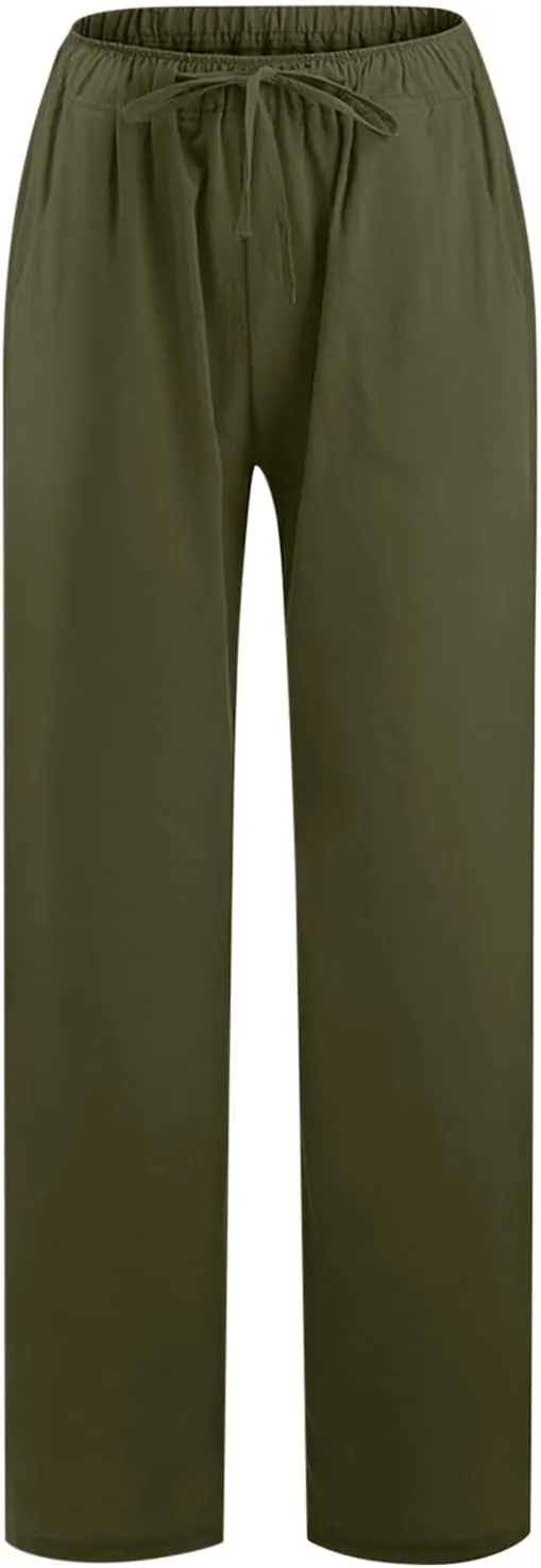 Women's Cotton Linen Pants Summer Elastic Waist Palazzo Pants with Drawstring Flowy Wide Leg Beach Trousers with Pockets