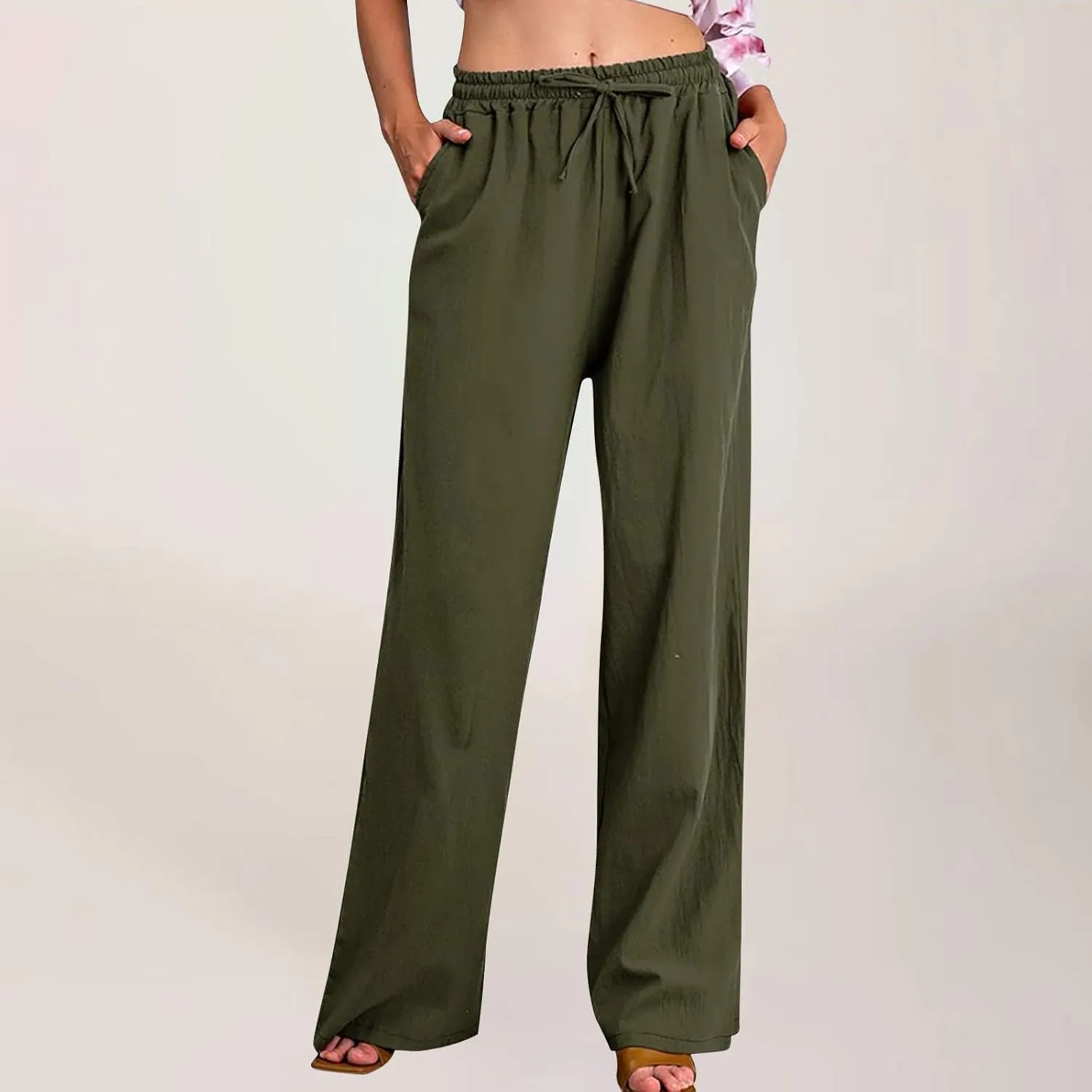 Women's Cotton Linen Pants Summer Elastic Waist Palazzo Pants with Drawstring Flowy Wide Leg Beach Trousers with Pockets