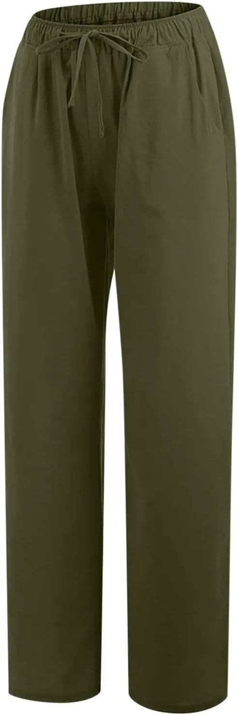 Women's Cotton Linen Pants Summer Elastic Waist Palazzo Pants with Drawstring Flowy Wide Leg Beach Trousers with Pockets