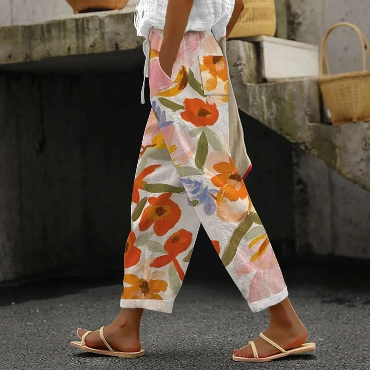 Women's Cotton Linen Pants Wide Leg Casual Loose Drawstring High Waist Palazzo Trousers Lightweight Pants