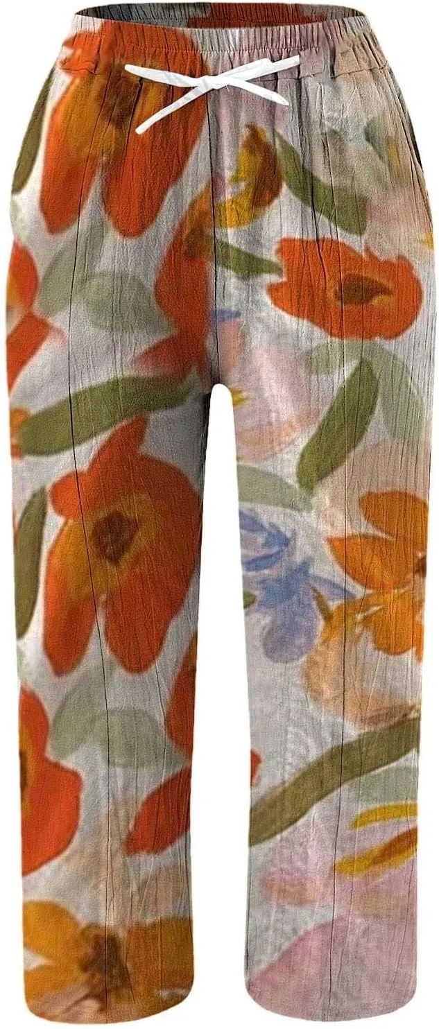 Women's Cotton Linen Pants Wide Leg Casual Loose Drawstring High Waist Palazzo Trousers Lightweight Pants