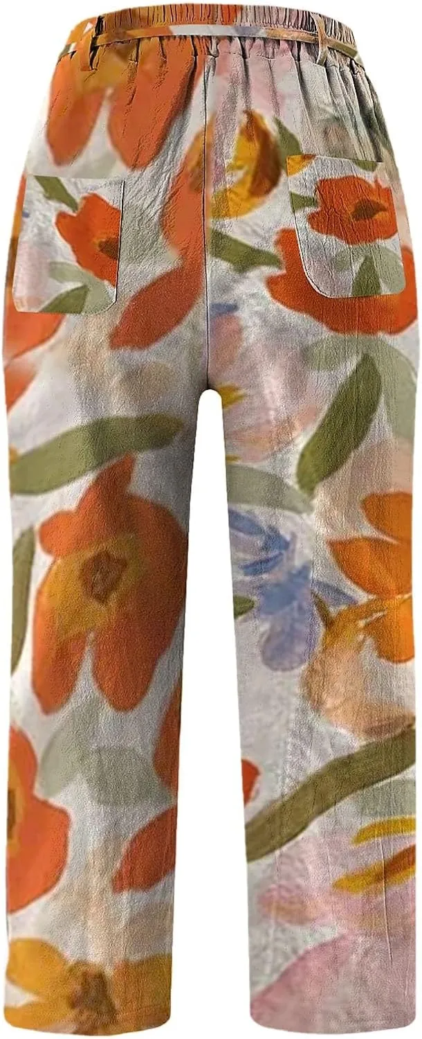 Women's Cotton Linen Pants Wide Leg Casual Loose Drawstring High Waist Palazzo Trousers Lightweight Pants
