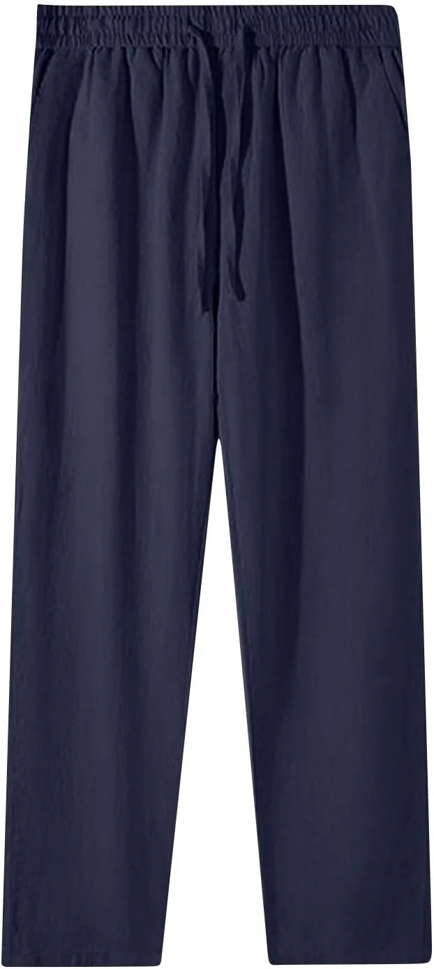 Women's Cotton Linen Straight Leg Pants Plus Size Drawstring Casual Trousers with Pockets Summer Beach Lounge Pant