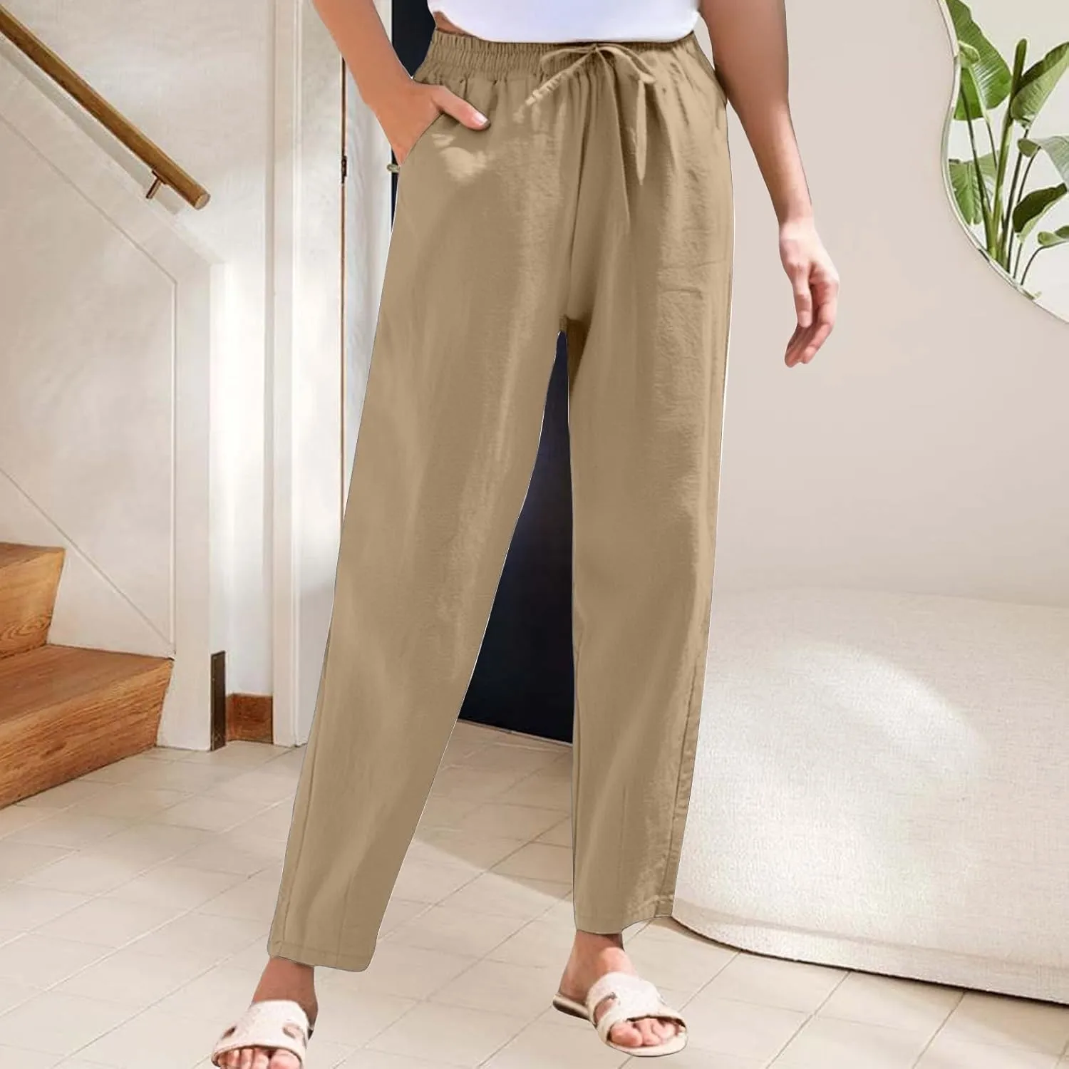 Women's Cotton Linen Straight Leg Pants Summer Wide Leg Business High Waisted Long Beach Trousers with Pockets