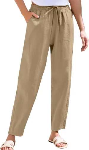 Women's Cotton Linen Straight Leg Pants Summer Wide Leg Business High Waisted Long Beach Trousers with Pockets