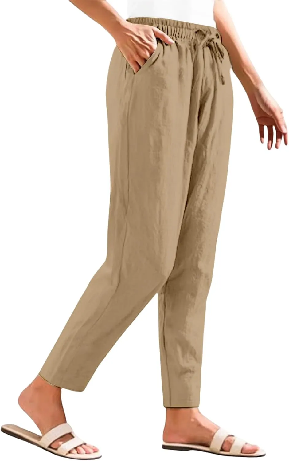 Women's Cotton Linen Straight Leg Pants Summer Wide Leg Business High Waisted Long Beach Trousers with Pockets