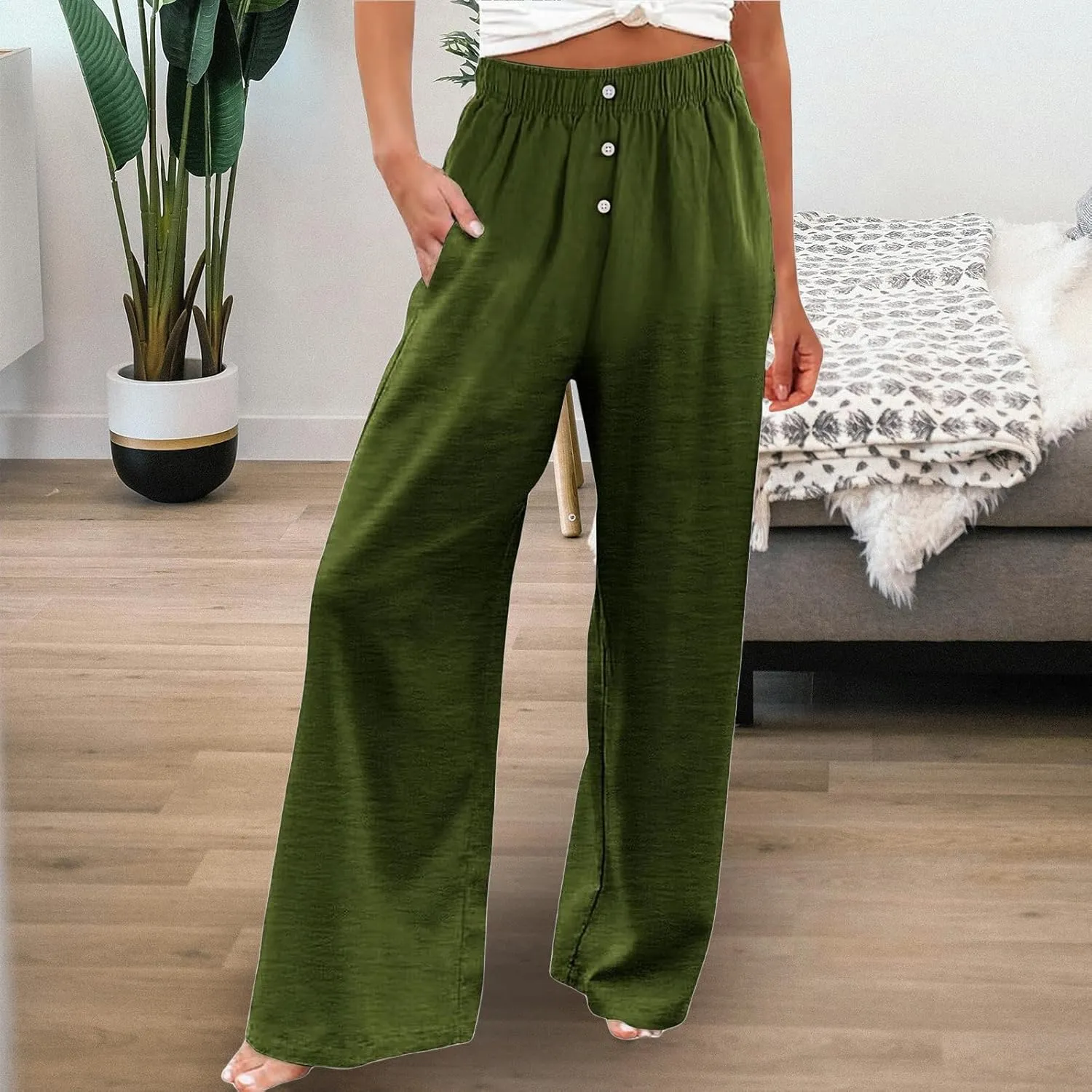 Women's Cotton Linen Wide Leg Pants Casual High Waisted Button Trousers Summer Loose Straight Leg Pant for Women
