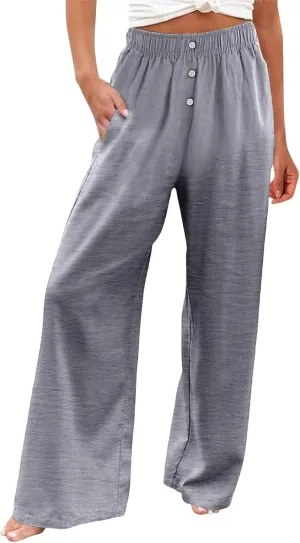 Women's Cotton Linen Wide Leg Pants Casual High Waisted Button Trousers Summer Loose Straight Leg Pant for Women