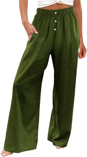 Women's Cotton Linen Wide Leg Pants Casual High Waisted Button Trousers Summer Loose Straight Leg Pant for Women