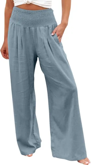 Womens Cotton Linen Wide Leg Pants Elastic High Waist Wide Leg Palazzo Pants