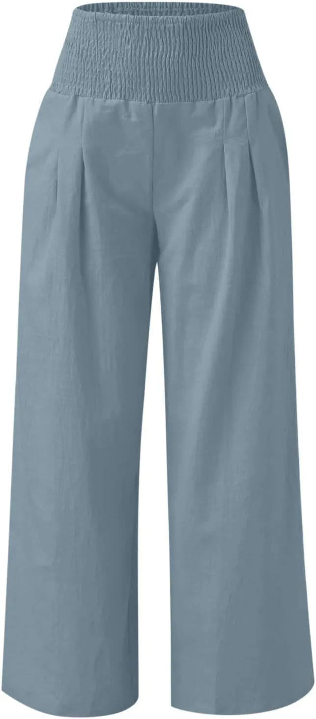 Womens Cotton Linen Wide Leg Pants Elastic High Waist Wide Leg Palazzo Pants