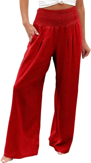 Women's Cotton Linen Wide Leg Pants High Waist Flowy Casual Trousers Palazzo Straight Comfy Pant for Vacation Summer