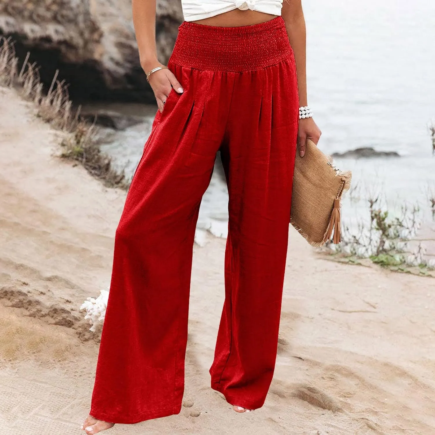 Women's Cotton Linen Wide Leg Pants High Waist Flowy Casual Trousers Palazzo Straight Comfy Pant for Vacation Summer