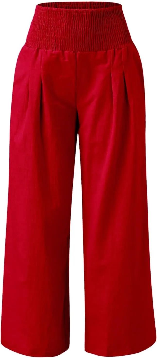 Women's Cotton Linen Wide Leg Pants High Waist Flowy Casual Trousers Palazzo Straight Comfy Pant for Vacation Summer