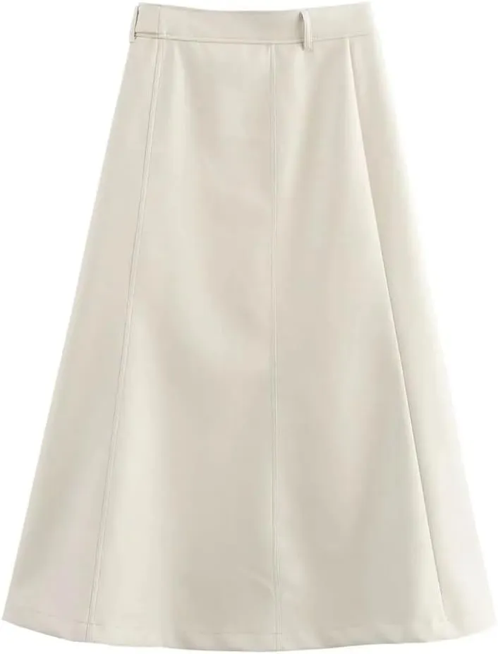 Women's Faux Leather Midi Skirt with Belt High Waist A-Line Long Skirt Stretchy Party Pencil Skirts
