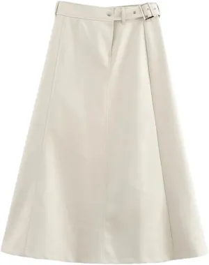 Women's Faux Leather Midi Skirt with Belt High Waist A-Line Long Skirt Stretchy Party Pencil Skirts