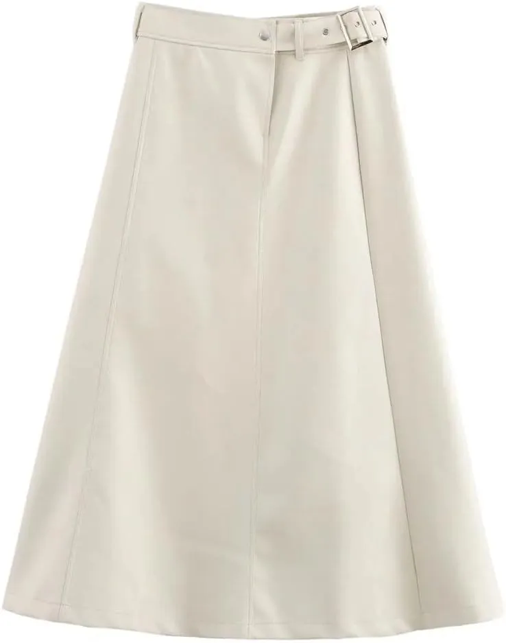 Women's Faux Leather Midi Skirt with Belt High Waist A-Line Long Skirt Stretchy Party Pencil Skirts