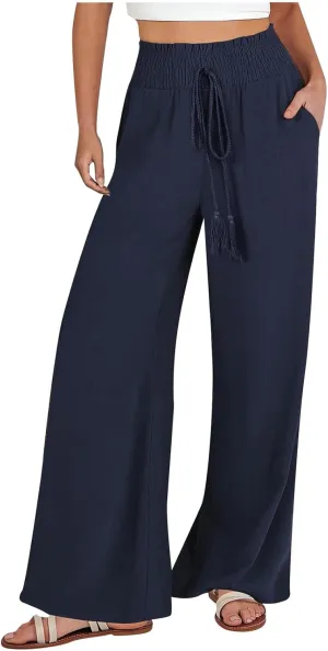 Womens Flowy Linen Pant with Pockets Wide Leg Palazzo Elastic Waist Pants Casual Dressy Summer Trousers