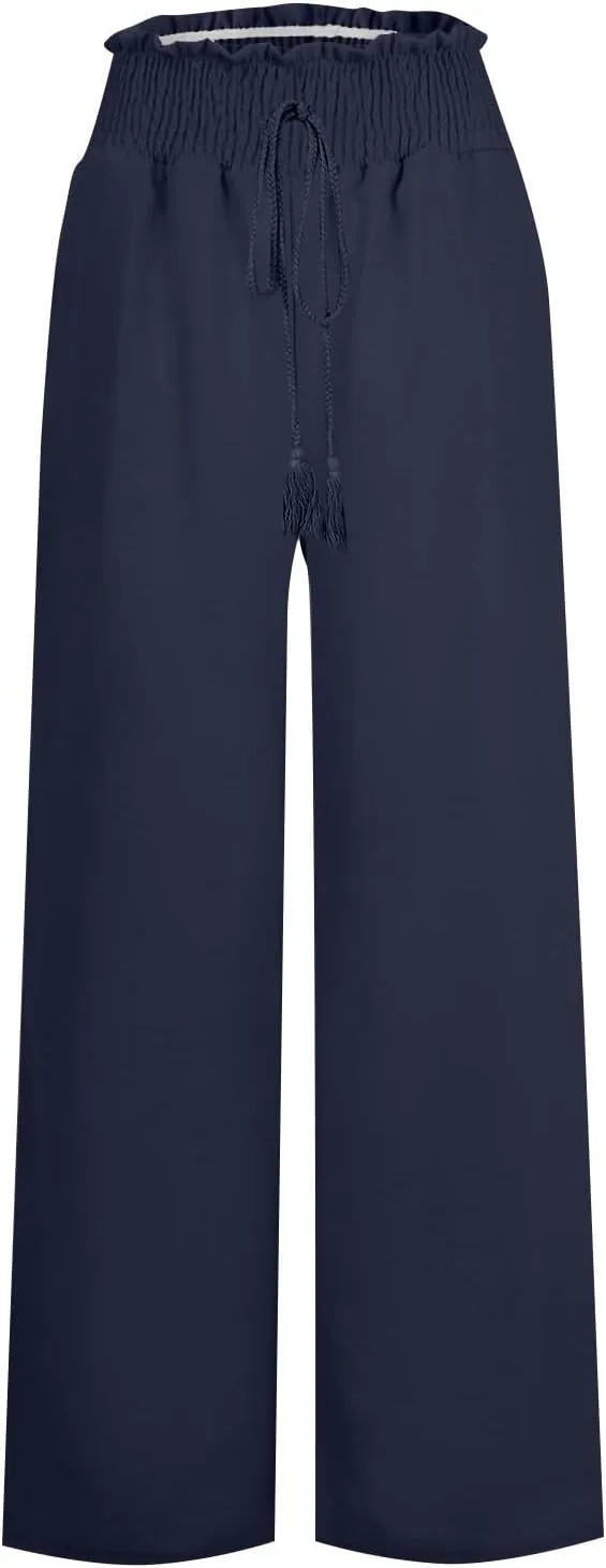 Womens Flowy Linen Pant with Pockets Wide Leg Palazzo Elastic Waist Pants Casual Dressy Summer Trousers