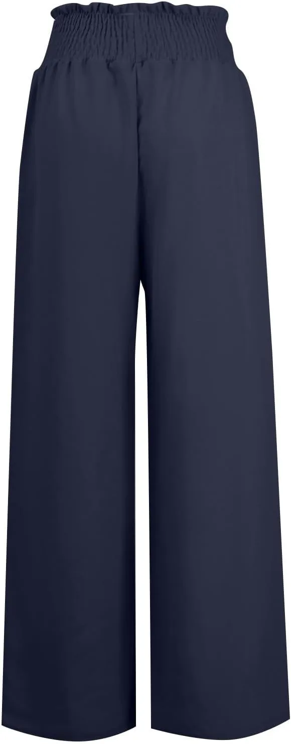 Womens Flowy Linen Pant with Pockets Wide Leg Palazzo Elastic Waist Pants Casual Dressy Summer Trousers