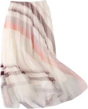 Women's Fresh Printed Mesh Pleated Skirt High Waist Slim Mid Length Double Wear Large Swing Skirt
