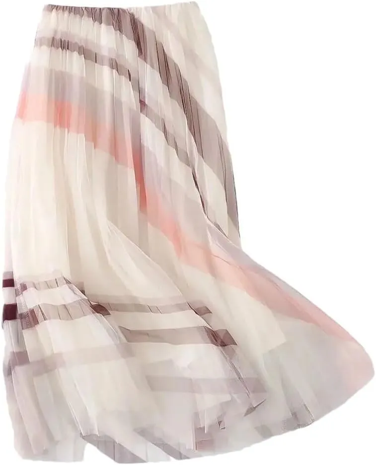 Women's Fresh Printed Mesh Pleated Skirt High Waist Slim Mid Length Double Wear Large Swing Skirt