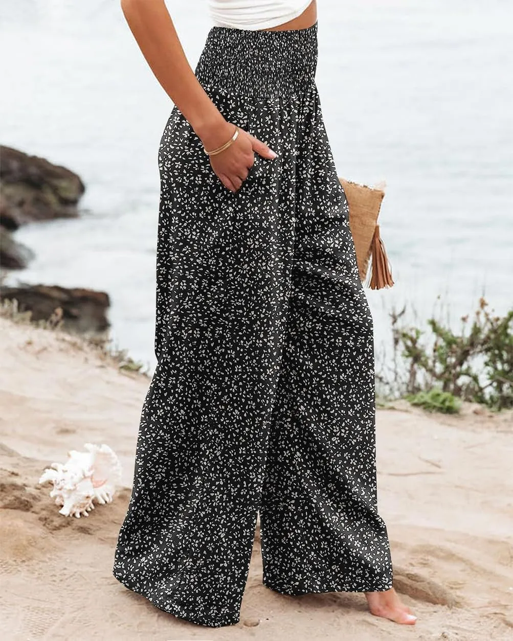 Womens High Waisted Wide Leg Palazzo Pants Casual Lounge Boho Flowy Pants with Pockets