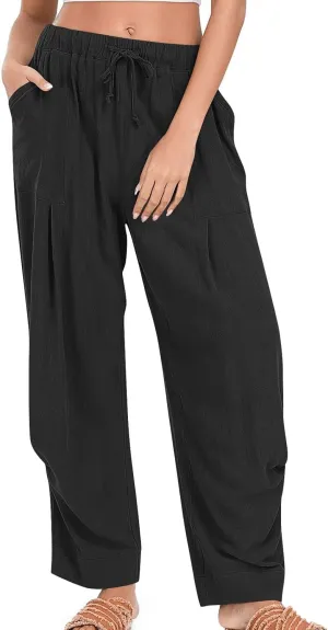 Womens Linen Baggy Harem Pants Summer Drawstring Casual Lounge Trouser 2025 Beach Travel Vacation Clothes with Pocket