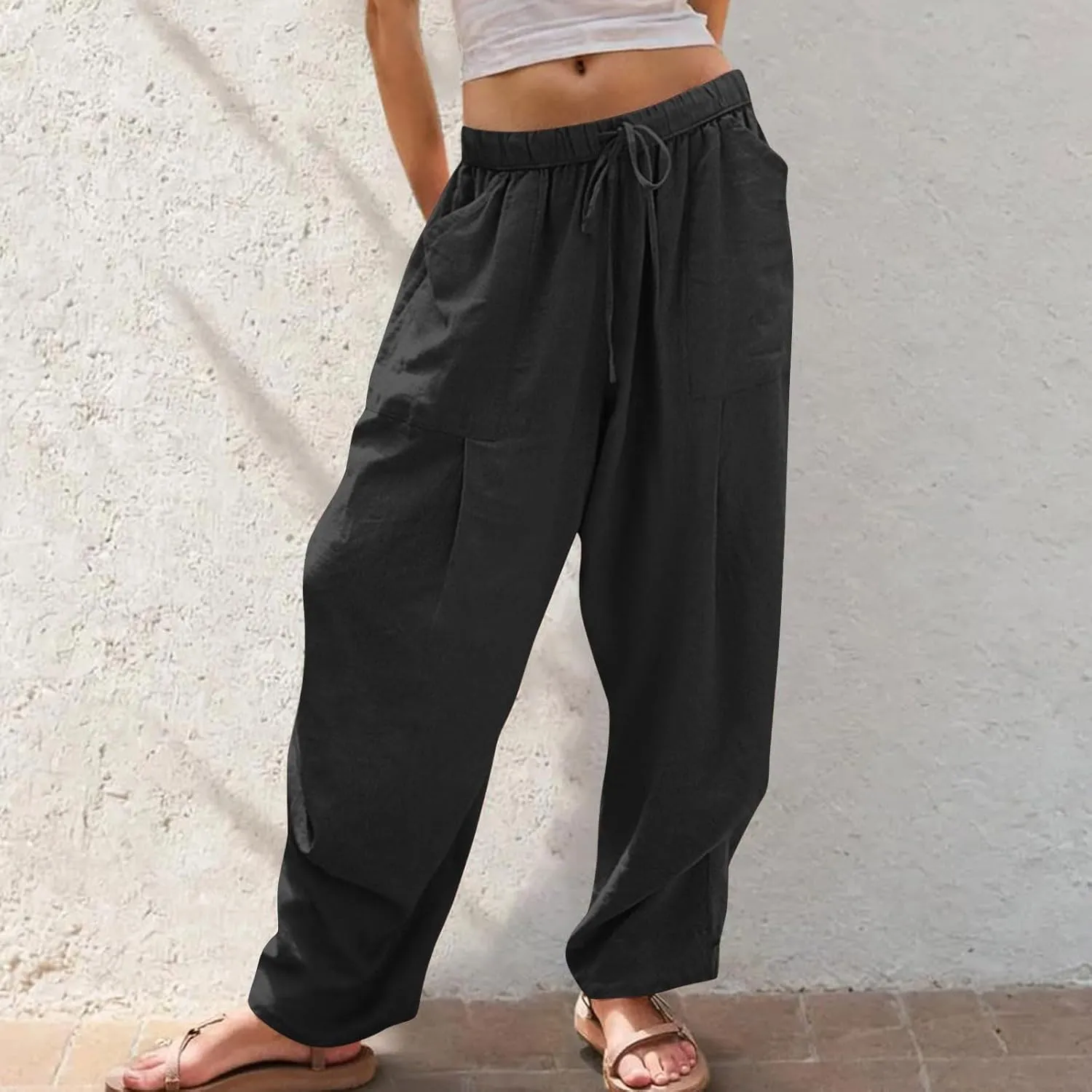 Womens Linen Baggy Harem Pants Summer Drawstring Casual Lounge Trouser 2025 Beach Travel Vacation Clothes with Pocket