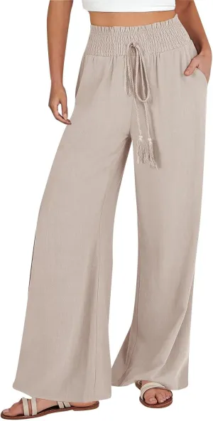 Women's Linen Blend Summer Floral Pants Low Waist Wide Leg Plus Size Pant Trousers Travel