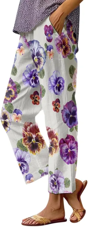 Women's Linen Capris Pants Casual Loose High Waist Wide Leg Cropped Boho Palazzo Beach Pant Spring Outfits Trendy