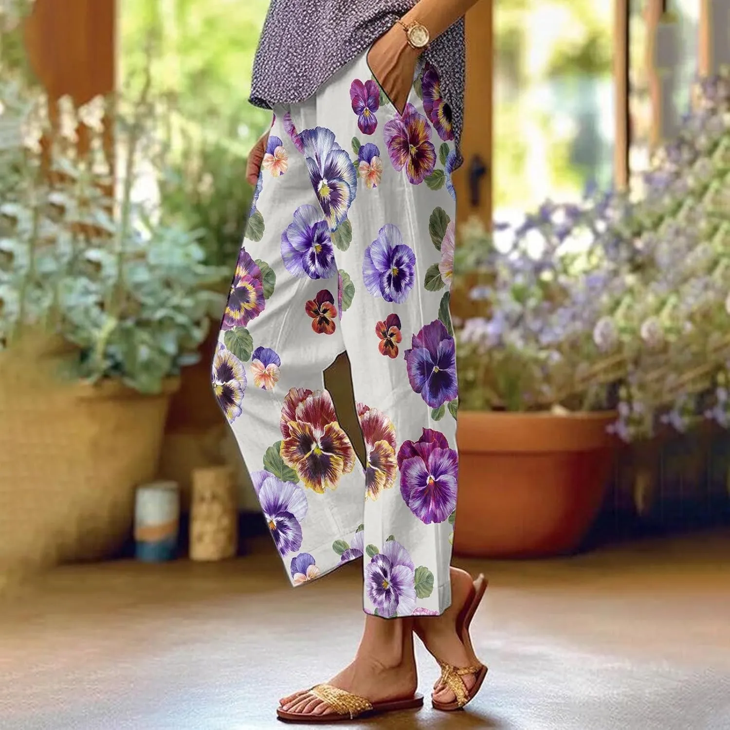 Women's Linen Capris Pants Casual Loose High Waist Wide Leg Cropped Boho Palazzo Beach Pant Spring Outfits Trendy