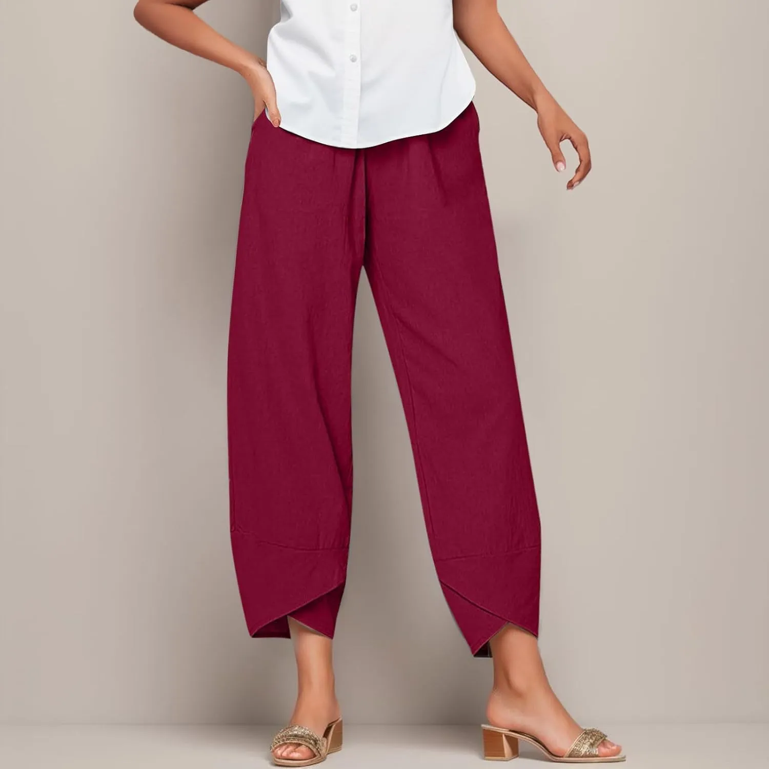 Womens Linen Cotton Pants Summer Elastic High Waist Straight Leg Casual Loose Solid Color Pants Comfy Straight Leg Trousers