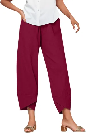 Womens Linen Cotton Pants Summer Elastic High Waist Straight Leg Casual Loose Solid Color Pants Comfy Straight Leg Trousers