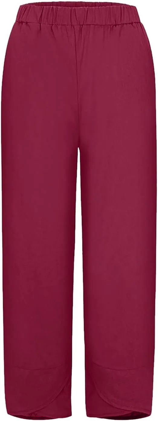 Womens Linen Cotton Pants Summer Elastic High Waist Straight Leg Casual Loose Solid Color Pants Comfy Straight Leg Trousers