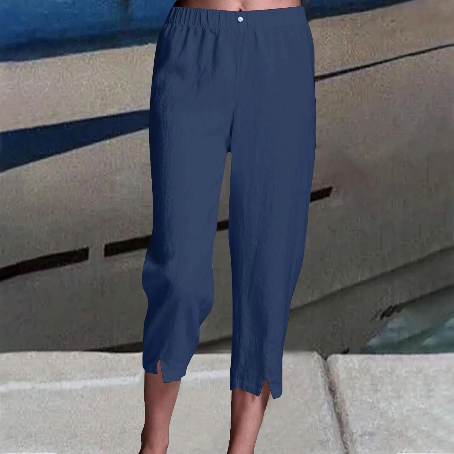 Womens Linen Harem Pants 2025 Summer Elastic High Waist Split Hem Work Tapered Pants Casual Cropped Trousers