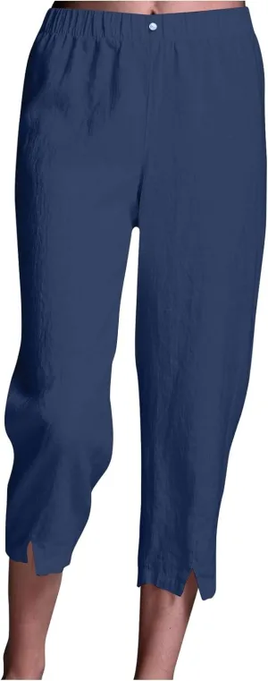 Womens Linen Harem Pants 2025 Summer Elastic High Waist Split Hem Work Tapered Pants Casual Cropped Trousers