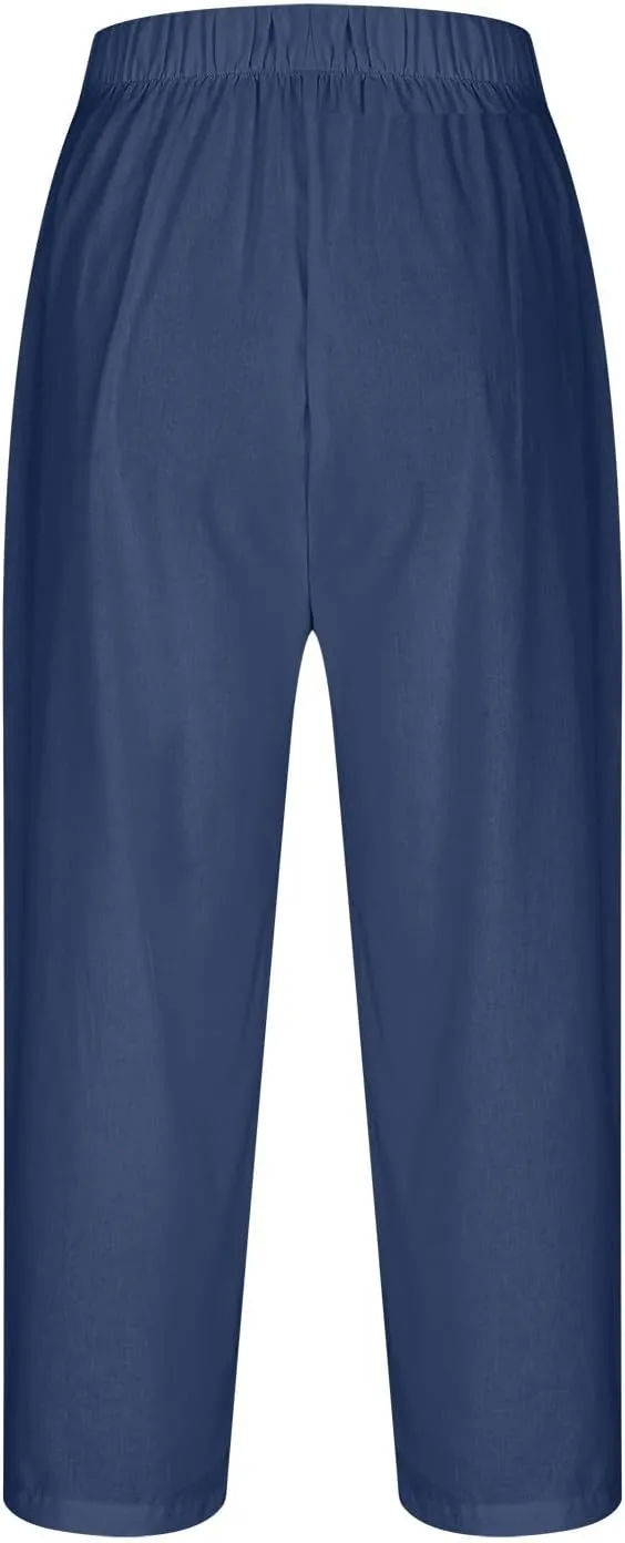 Womens Linen Harem Pants 2025 Summer Elastic High Waist Split Hem Work Tapered Pants Casual Cropped Trousers