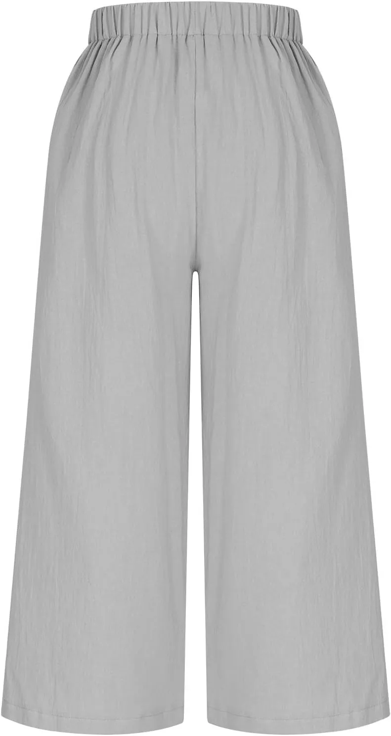 Women's Linen Pants Capri Elastic Waist Trousers High Waisted Palazzo Pants Belted Wide Leg Trousers with Pockets