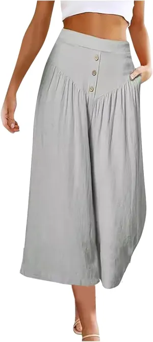 Women's Linen Pants Capri Elastic Waist Trousers High Waisted Palazzo Pants Belted Wide Leg Trousers with Pockets