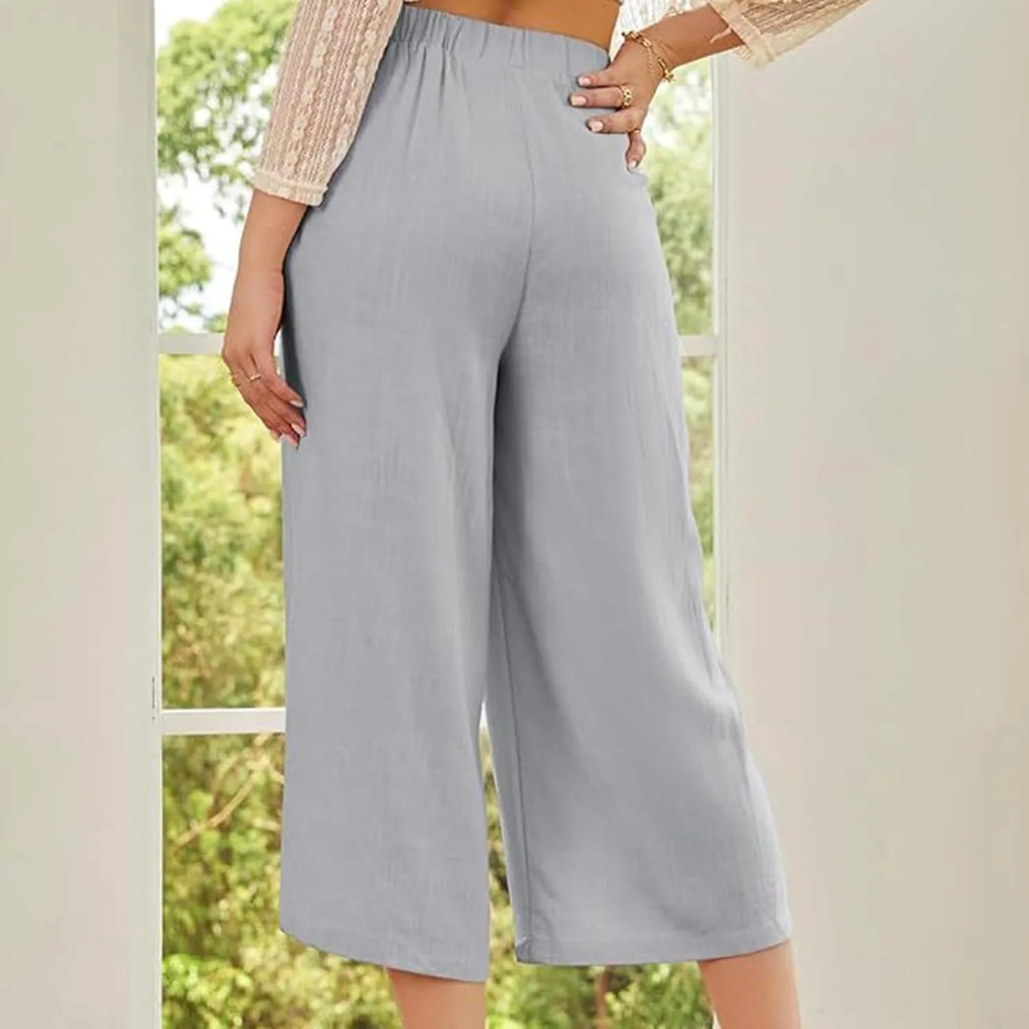 Women's Linen Pants Capri Elastic Waist Trousers High Waisted Palazzo Pants Belted Wide Leg Trousers with Pockets
