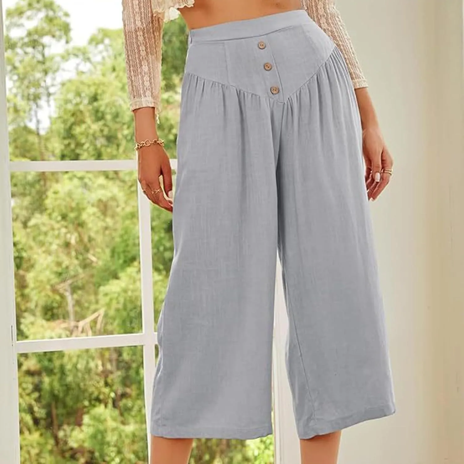 Women's Linen Pants Capri Elastic Waist Trousers High Waisted Palazzo Pants Belted Wide Leg Trousers with Pockets