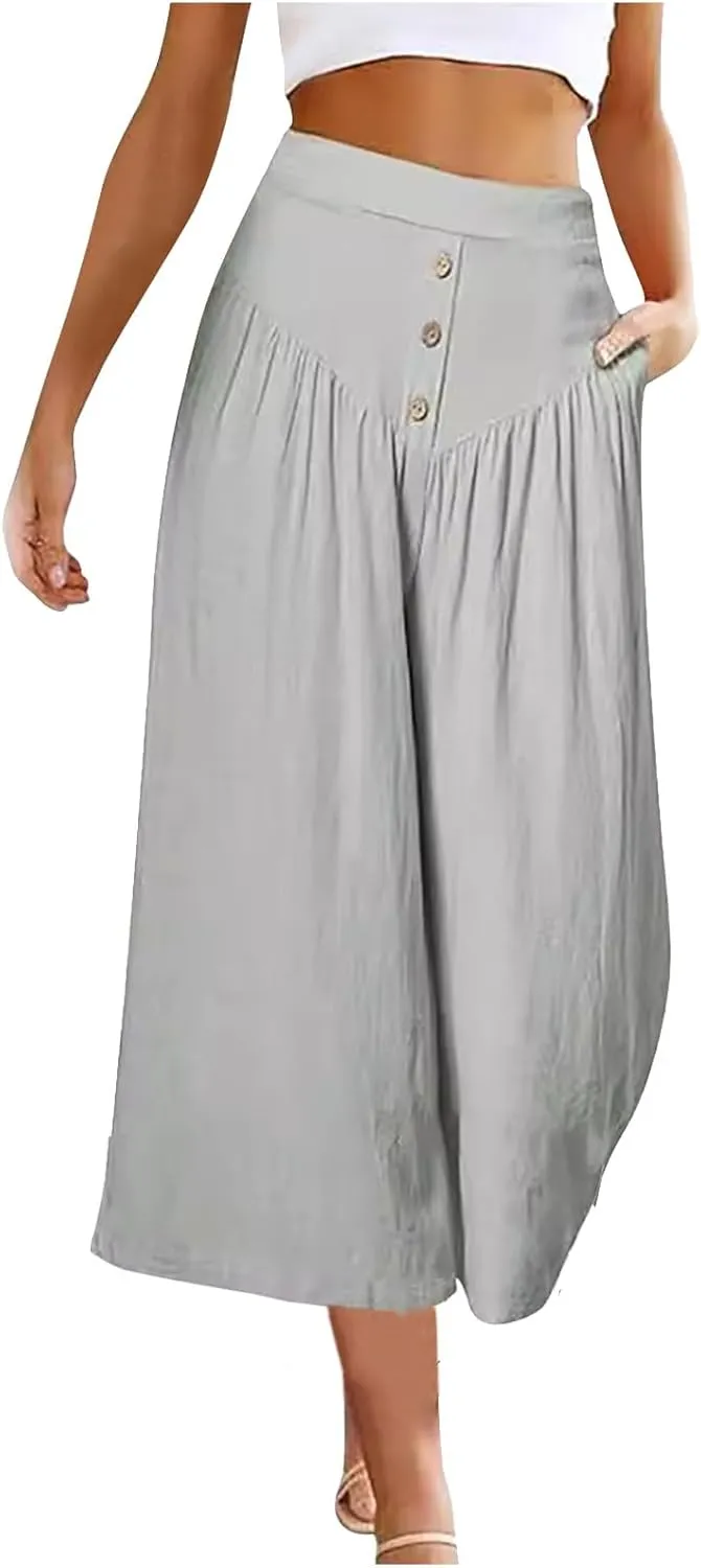 Women's Linen Pants Capri Elastic Waist Trousers High Waisted Palazzo Pants Belted Wide Leg Trousers with Pockets