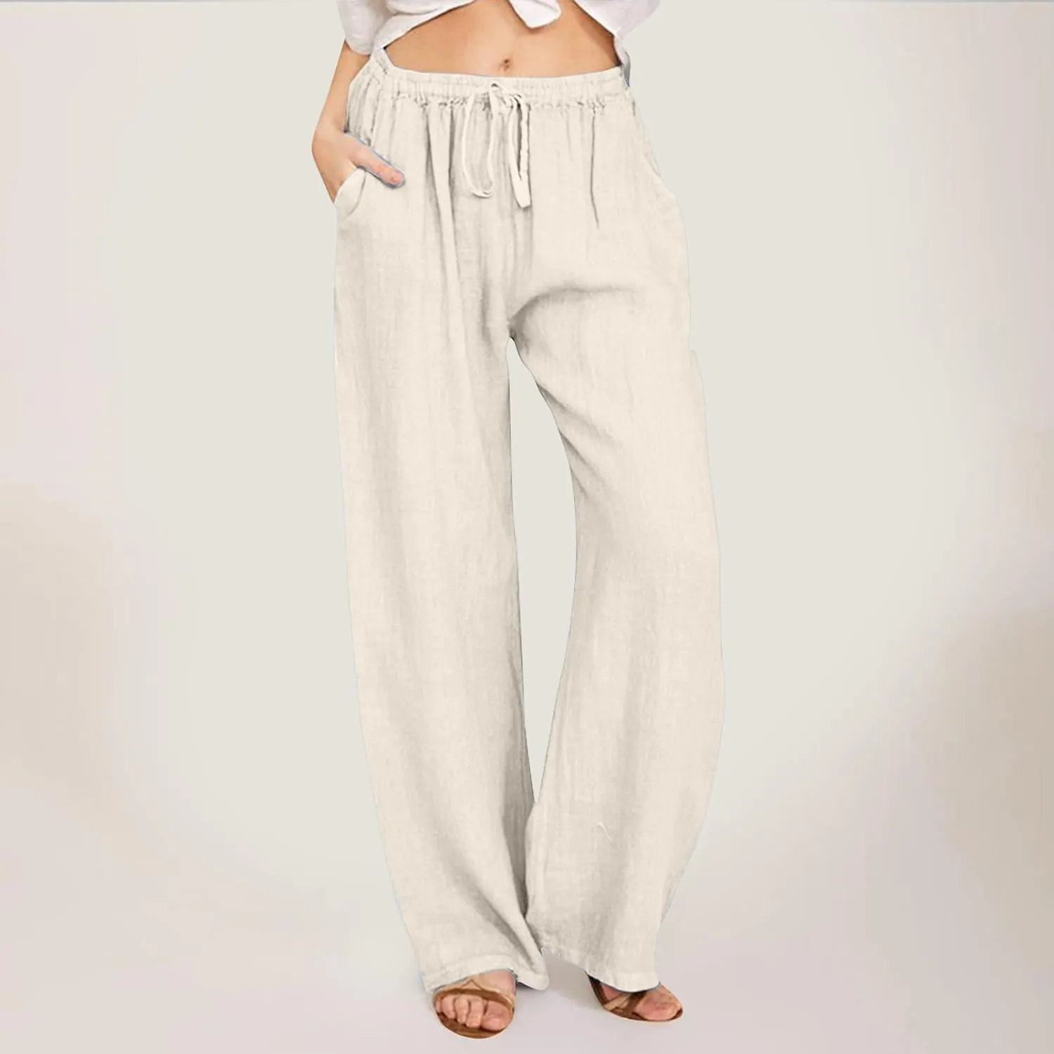 Womens Linen Pants Summer Beach Wide Leg Palazzo Pants Cotton Drawstring High Waisted Pants Lightweight Dressy Work Trousers