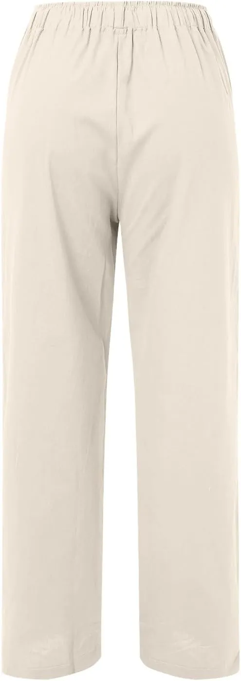 Womens Linen Pants Summer Beach Wide Leg Palazzo Pants Cotton Drawstring High Waisted Pants Lightweight Dressy Work Trousers