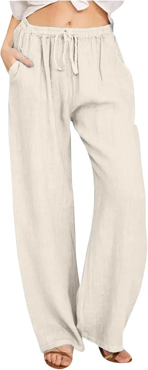 Womens Linen Pants Summer Beach Wide Leg Palazzo Pants Cotton Drawstring High Waisted Pants Lightweight Dressy Work Trousers