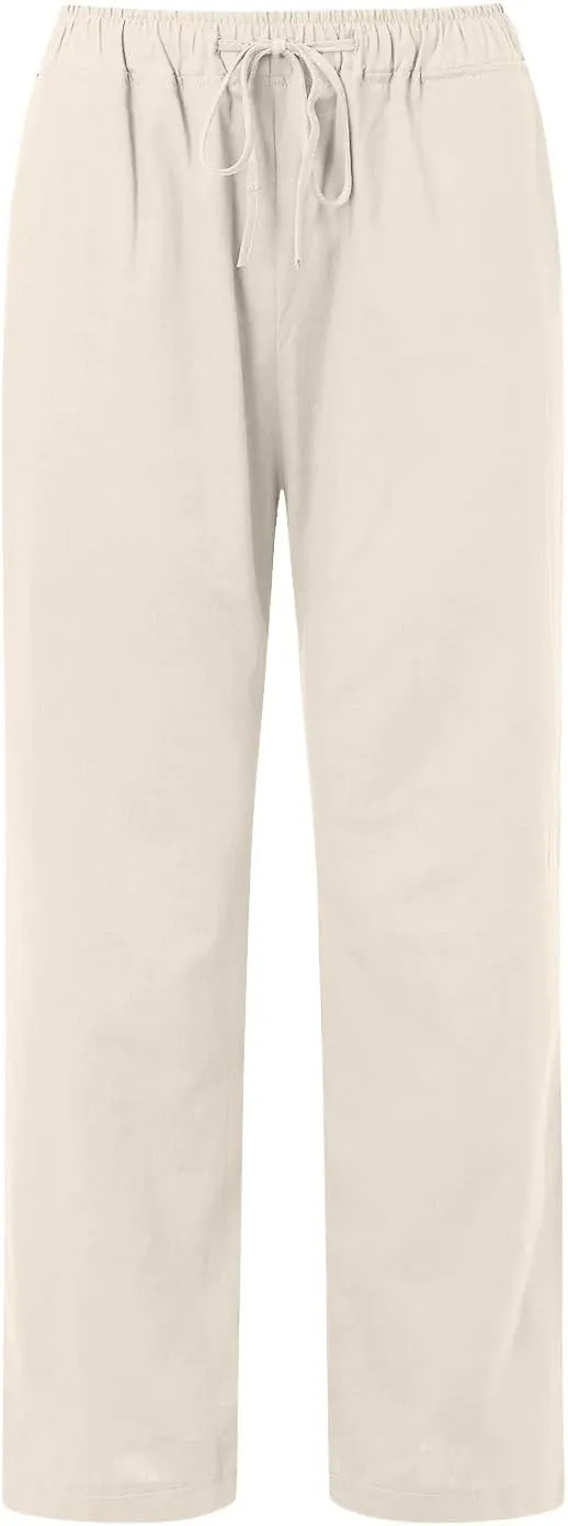 Womens Linen Pants Summer Beach Wide Leg Palazzo Pants Cotton Drawstring High Waisted Pants Lightweight Dressy Work Trousers