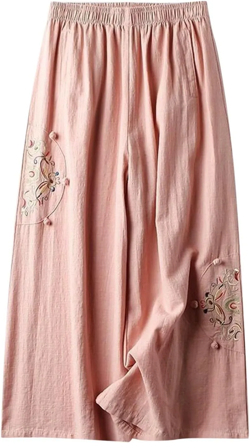 Womens Linen Pants Summer Casual Loose Beach Pants 2025 Vintage Embroidery Wide Leg Pants High Waist Palazzo Lounge